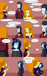 Size: 2000x3200 | Tagged: safe, artist:jake heritagu, adagio dazzle, chancellor neighsay, oc, oc:dolly dusk, comic:aria's archives, equestria girls, g4, adoragio, beard, clothes, comic, cute, dialogue, dress, equestria girls-ified, facial hair, female, high res, hug, male, mamadagio, parent:chancellor neighsay, speech bubble, squee
