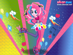 Size: 795x600 | Tagged: safe, artist:user15432, pinkie pie, human, equestria girls, g4, my little pony equestria girls: rainbow rocks, clothes, dressup, drumsticks, fingerless gloves, gloves, high heels, humanized, leggings, ponied up, pony ears, rainbow hair, rainbow rocks outfit, rock and roll, rockstar, shoes, solo, starsue