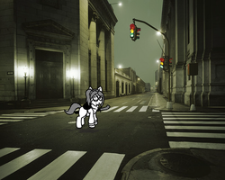 Size: 500x399 | Tagged: safe, artist:scraggleman, oc, oc:taku, earth pony, pony, clothes, female, glasses, irl, katana, mare, photo, ponies in real life, solo, story:lost and found, streetlight, sweater, sword, weapon