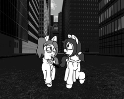 Size: 1280x1024 | Tagged: safe, artist:scraggleman, oc, oc only, oc:floor bored, oc:taku, earth pony, pony, clothes, glasses, hoodie, katana, monochrome, story included, story:lost and found, sweater, sword, walking, weapon