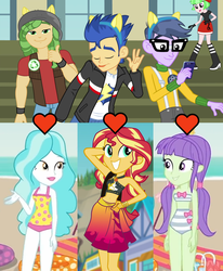 Size: 1471x1784 | Tagged: safe, edit, edited screencap, screencap, flash sentry, microchips, paisley, sandalwood, starlight, sunset shimmer, watermelody, equestria girls, equestria girls series, forgotten friendship, g4, lost and found, my little pony equestria girls: friendship games, background human, bandeau, beach, bikini, cellphone, clothes, cropped, dancing, female, geode of empathy, heart, magical geodes, male, midriff, one-piece swimsuit, paisandal, phone, pony ears, sarong, ship:flashimmer, shipping, shipping domino, starchips, straight, striped swimsuit, swimsuit, thumbs up, tongue out, triple shipping domino