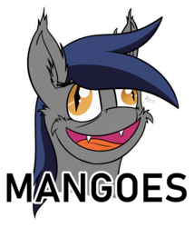 Size: 2244x2620 | Tagged: safe, artist:kamithepony, oc, oc only, oc:echo, bat pony, pony, bat pony oc, commission, derp, faic, fangs, female, high res, mango, pudding face, simple background, slit pupils, solo, that batpony sure does love mangoes