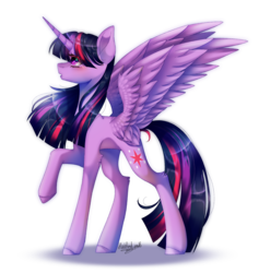 Size: 1324x1396 | Tagged: safe, artist:huirou, twilight sparkle, alicorn, pony, g4, blushing, eyelashes, female, horn, looking up, mare, open mouth, raised hoof, side view, signature, simple background, solo, spread wings, transparent background, twilight sparkle (alicorn), windswept mane, wings
