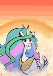 Size: 1372x1976 | Tagged: dead source, safe, artist:greyscaleart, princess celestia, alicorn, pony, g4, ethereal mane, female, gradient background, looking at you, mare, missing accessory, smiling, solo, wings