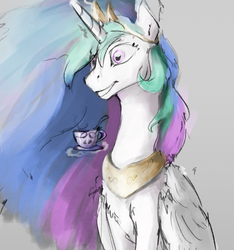 Size: 845x903 | Tagged: safe, artist:xxkrutoy, princess celestia, alicorn, pony, crazy face, cup, faic, female, glowing horn, gray background, jewelry, magic, mare, regalia, simple background, solo, teacup, telekinesis, wide eyes
