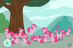 Size: 6000x4000 | Tagged: safe, artist:bossboi, lyra heartstrings, pinkie pie, earth pony, pony, g4, too many pinkie pies, betcha can't make a face crazier than this, clone, exclamation point, fun fun fun, g3 faic, hand, hoof fingers, multeity, one of these things is not like the others, pinkie clone, pinkie's silly face, that pony sure does love hands, too much pink energy is dangerous, twelve days of christmas