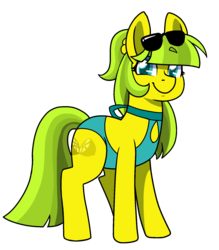 Size: 1483x1693 | Tagged: safe, artist:/d/non, oc, oc only, oc:lemon drop, earth pony, pony, 2019 community collab, derpibooru community collaboration, clothes, commissioner:lemondrop, female, glasses, hair tie, looking at you, mare, one-piece swimsuit, open-back swimsuit, ponytail, simple background, solo, swimsuit, transparent background