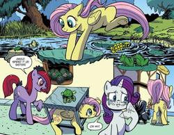Size: 819x637 | Tagged: safe, artist:pencils, idw, fluttershy, rarity, earth pony, frog, pegasus, pony, skunk, turtle, unicorn, g4, spoiler:comic, spoiler:comic73, angry, animal, behaving like a frog, behaving like a skunk, butt, crying, cute, fanning, fanning self, fart joke, female, flutterskunk, mare, not fabulous, open mouth, plot, puffy cheeks, sitting, smelly, teary eyes, unnamed character, unnamed pony