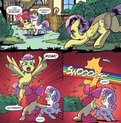 Size: 826x844 | Tagged: safe, artist:pencils, idw, apple bloom, fluttershy, rainbow dash, sweetie belle, earth pony, pegasus, pony, unicorn, g4, spoiler:comic, spoiler:comic73, behaving like a cat, butt, butt touch, comic, cropped, female, filly, flutterpred, foal, hoof on butt, implied rainbow dash, mare, plot, pounce, rainbow trail, red background, roar, simple background, speech bubble, spread hooves, spread wings, underhoof, wings