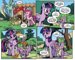 Size: 814x655 | Tagged: safe, artist:pencils, idw, pinkie pie, spike, twilight sparkle, zephyr breeze, alicorn, bird, dog, dragon, earth pony, pegasus, pony, timber wolf, g4, spoiler:comic, spoiler:comic73, ..., barking, behaving like a dog, butt, cage, comic, female, implied equestria girls, male, mare, plot, puppy, quadrupedal spike, spike the dog, stallion, twilight sparkle (alicorn), winged spike, wings, woof