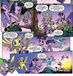 Size: 806x842 | Tagged: safe, artist:pencils, idw, fluttershy, rainbow dash, spike, twilight sparkle, alicorn, dragon, pegasus, pony, g4, spoiler:comic, spoiler:comic73, acorn, behaving like a bird, behaving like a squirrel, chirping, comic, cropped, female, flying, male, mare, oak tree, sitting in a tree, sunset, tree, twilight sparkle (alicorn), winged spike, wings