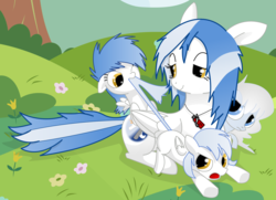 Size: 4156x3011 | Tagged: safe, artist:equestriaboy, artist:sky slicer, edit, oc, oc only, oc:sky slicer, pegasus, pony, .svg available, base used, biting, day, family, female, filly, foal, inkscape, mother, motherhood, pegasus oc, svg, tail, tail bite, tail pull, vector