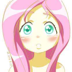 Size: 750x750 | Tagged: safe, artist:tastyrainbow, fluttershy, equestria girls, g4, bare shoulder portrait, bare shoulders, blushing, bust, cute, female, implied nudity, looking at you, pink hair, portrait, shyabetes, simple background, solo, white background