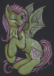 Size: 3706x5163 | Tagged: safe, artist:gleamydreams, fluttershy, bat pony, pony, g4, bat ponified, bat wings, fangs, female, flutterbat, looking at you, mare, one eye closed, race swap, solo, spread wings, tongue out, traditional art, wings, wink