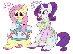 Size: 900x678 | Tagged: safe, artist:lulubell, fluttershy, rarity, pegasus, pony, unicorn, g4, clothes, female, lesbian, mare, matching outfits, ship:flarity, shipping, sweater, ugly sweater
