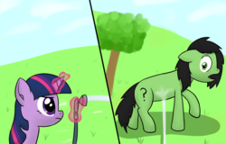 Size: 4000x2557 | Tagged: safe, artist:craftycirclepony, twilight sparkle, oc, oc:filly anon, alicorn, pony, g4, bust, duo, ear fluff, female, filly, floppy ears, frown, garden hose, grass, holding, hose, magic, meme, open mouth, outdoors, raised leg, shrunken pupils, surprised, tree, twilight sparkle (alicorn), water, wet