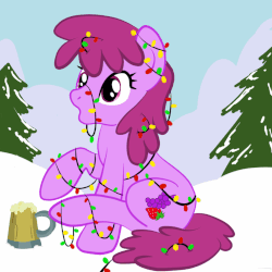 Size: 849x849 | Tagged: safe, artist:lannielona, berry punch, berryshine, earth pony, pony, g4, animated, christmas, christmas lights, cider, confused, drunk, female, gif, go home you're drunk, holiday, mare, mountain, outdoors, raised hoof, sitting, sky, solo, tangled up, tankard, tree, winter