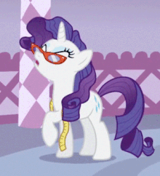 Size: 327x360 | Tagged: safe, screencap, rarity, pony, g4, season 1, suited for success, animated, female, gif, glasses, measuring tape, rarity's glasses, scrunchy face, solo, stomping