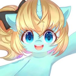 Size: 750x750 | Tagged: safe, artist:alleycat, oc, oc only, oc:diamonody, pony, unicorn, bow, female, hair bow, looking at you, open mouth, simple background, smiling, solo, white background