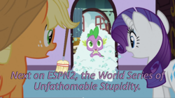 Size: 640x360 | Tagged: safe, edit, edited screencap, screencap, applejack, rarity, spike, dragon, earth pony, pony, unicorn, g4, spike at your service, broom, bubble, caption, cards against humanity, female, image macro, male, mare, text