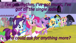 Size: 640x360 | Tagged: safe, edit, edited screencap, screencap, applejack, fluttershy, pinkie pie, rainbow dash, rarity, spike, twilight sparkle, alicorn, pony, g4, magical mystery cure, big crown thingy, caption, cards against humanity, image macro, jewelry, life in equestria, prancing, regalia, text, twilight sparkle (alicorn)