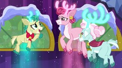 Size: 1280x720 | Tagged: safe, screencap, alice the reindeer, aurora the reindeer, bori the reindeer, deer, reindeer, g4, my little pony best gift ever, deer magic, glowing horn, horn, levitation, magic, self-levitation, telekinesis, the gift givers, twilight's castle