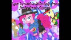Size: 640x360 | Tagged: safe, edit, edited screencap, screencap, doctor whooves, goldengrape, pinkie pie, sir colton vines iii, time turner, earth pony, pony, g4, testing testing 1-2-3, caption, cards against humanity, clothes, female, image macro, male, mare, rapper pie, stallion, tank top, text