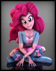 Size: 3600x4600 | Tagged: safe, artist:imafutureguitarhero, pinkie pie, human, equestria girls, g4, 3d, absurd resolution, boots, border, bracelet, chromatic aberration, clothes, crossed arms, crossed legs, female, grin, head tilt, jewelry, looking at you, raised eyebrow, reflection, shoes, signature, sitting on floor, skirt, smiling, solo, source filmmaker