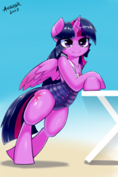 Size: 500x750 | Tagged: safe, artist:iloota, twilight sparkle, alicorn, pony, semi-anthro, arm hooves, bipedal, bipedal leaning, clothes, crossed hooves, equestria girls outfit, female, human shoulders, humanoid torso, leaning, mare, one-piece swimsuit, smiling, solo, swimsuit, twilight sparkle (alicorn)