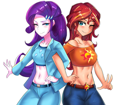 Size: 800x692 | Tagged: safe, artist:tzc, rarity, sunset shimmer, human, equestria girls, equestria girls series, g4, anime, bare shoulders, barrette, belly button, belly shirt, belt, blushing, clothes, cutie mark on clothes, denim, duo, female, hairclip, hairpin, human coloration, humanized, jacket, jeans, midriff, off shoulder, one eye closed, pants, peace sign, short shirt, simple background, smiling, wink