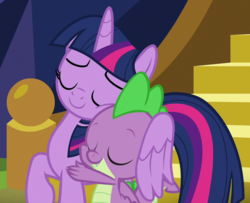 Size: 860x700 | Tagged: safe, screencap, spike, twilight sparkle, alicorn, dragon, pony, father knows beast, g4, cropped, cute, eyes closed, hug, spikelove, twilight sparkle (alicorn), winged spike, winghug, wings