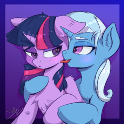 Size: 2560x2560 | Tagged: safe, artist:danli69, trixie, twilight sparkle, alicorn, pony, g4, bedroom eyes, blushing, duo, ear fluff, female, heart eyes, high res, lesbian, licking, mare, mlem, ship:twixie, shipping, shy, silly, tongue out, twilight sparkle (alicorn), wingding eyes