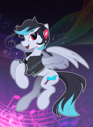 Size: 1820x2490 | Tagged: safe, artist:yakovlev-vad, oc, oc only, pegasus, pony, abstract background, clothes, commission, female, flying, headphones, mare, music notes, shirt, smiling, solo