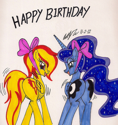 Size: 1324x1394 | Tagged: safe, artist:newyorkx3, edit, princess luna, spitfire, alicorn, pegasus, pony, g4, bedroom eyes, birthday, bow, butt, butt shake, female, looking at you, looking back, mare, moonbutt, open mouth, plot, smiling, tail, tail aside, text edit, traditional art