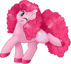 Size: 1004x906 | Tagged: safe, artist:69beas, pinkie pie, earth pony, pony, g4, colored hooves, cute, digital art, fluffy, fluffy mane, looking at you, makeup, one eye closed, pink, raised hoof, simple background, smiling, transparent background, wink