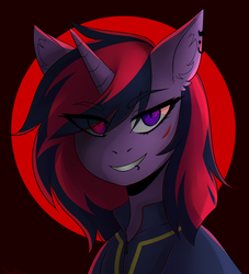 Size: 2000x2200 | Tagged: safe, artist:serodart, oc, oc only, oc:lina phantom, pony, unicorn, fallout equestria, bust, clothes, fallout, female, heterochromia, high res, horn, jumpsuit, looking at you, not twilight sparkle, portrait, solo, unicorn oc, vault suit
