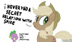 Size: 240x143 | Tagged: safe, applejack, spike, pony, g4, female, liar face, liarjack, male, needs more jpeg, picture for breezies, scrunchy face, ship:applespike, shipping, straight
