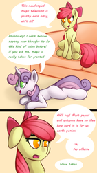 Size: 2160x3840 | Tagged: safe, artist:anon_1515, apple bloom, sweetie belle, earth pony, pony, unicorn, comic:applesauce, g4, blank flank, bow, colored pupils, comic, couch, dialogue, ear fluff, female, filly, floppy ears, foal, hair bow, high res, hooves, horn, lying down, open mouth, prone, sitting
