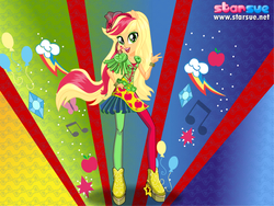 Size: 800x600 | Tagged: safe, artist:user15432, applejack, equestria girls, g4, my little pony equestria girls: rainbow rocks, boots, bracelet, clothes, dressup, hat, high heel boots, high heels, jewelry, leggings, ponied up, pony ears, rainbow hair, rainbow rocks outfit, red hat, rock and roll, rock star, shoes, solo, starsue