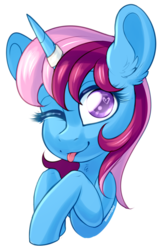 Size: 1176x1860 | Tagged: safe, artist:meowcephei, oc, oc only, oc:parcly taxel, alicorn, pony, alicorn oc, birthday present, bust, female, horn, horn ring, mare, one eye closed, portrait, simple background, solo, tongue out, transparent background, wink