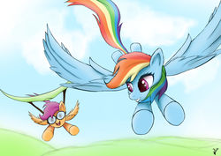 Size: 1600x1130 | Tagged: safe, artist:vladislav_180, rainbow dash, scootaloo, pegasus, pony, g4, cloud, female, filly, goggles, hang glider, hang gliding, happy, mare, open mouth, sky, smiling, wings