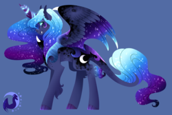 Size: 2151x1440 | Tagged: safe, artist:djspark3, princess luna, alicorn, hybrid, kirin, pony, winged kirin, g4, bat wings, blue background, cloven hooves, coat markings, colored hooves, cutie mark, dappled, ethereal mane, ethereal wings, fangs, female, glowing horn, hoof fingers, horn, hybrid wings, kirin luna, kirin-ified, leonine tail, scales, simple background, slit pupils, solo, species swap, starry mane, starry wings, wings