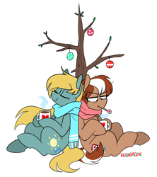 Size: 600x676 | Tagged: safe, artist:redxbacon, oc, oc only, oc:roulette, oc:sunny hymn, earth pony, pegasus, pony, fallout equestria, fallout equestria: red 36, backwards thermometer, christmas, christmas decoration, christmas tree, clothes, cute, fanfic art, holiday, hot coco, mug, scarf, sick, simple background, sitting, smiling, thermometer, tree
