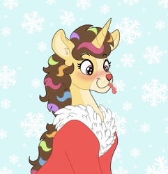 Size: 741x768 | Tagged: safe, artist:pastel-charms, oc, oc only, oc:pastel charms, deer pony, original species, pony, female, snow, snowflake, solo, species swap, tongue out