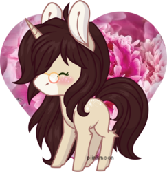 Size: 680x699 | Tagged: safe, artist:piinkmoon, oc, oc only, oc:cinnamon fawn, pony, unicorn, blushing, brown hair, chibi, female, floral print, freckles, glasses, ponysona, solo, spots, unobtrusive watermark