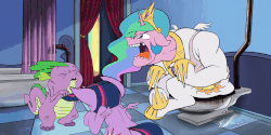 Size: 3000x1500 | Tagged: safe, artist:anontheanon, princess celestia, spike, twilight sparkle, alicorn, pony, g4, animated, bathroom, bathtub, bipedal, but why, cigarette, clothes, constipated, eyes closed, faic, floppy ears, frame by frame, gap teeth, gif, glare, hoof hold, implied pooping, john kricfalusi, open mouth, ponified, ralph bakshi, ren and stimpy, ren and stimpy adult party cartoon, saliva puddle, screaming, shitposting, sitting, sitting on toilet, tank top, toilet, tongue out, twilight sparkle (alicorn), twitching, uvula, wat, why, wide eyes, windswept mane, wingless spike