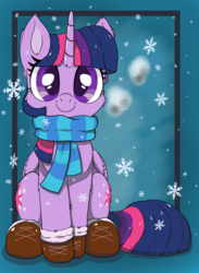 Size: 1375x1875 | Tagged: safe, artist:bigshot232, derpibooru exclusive, twilight sparkle, alicorn, pony, booties, boots, both cutie marks, breath, cheek fluff, chest fluff, clothes, cold, cute, ear fluff, female, leg fluff, looking at you, mare, scarf, shoes, simple background, sitting, smiling, snow, snowfall, twiabetes, twilight sparkle (alicorn)