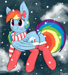 Size: 1686x1849 | Tagged: safe, artist:itsmeelement, rainbow dash, pegasus, pony, g4, backwards cutie mark, blushing, bow, butt, christmas, clothes, cute, dashabetes, dock, female, flying, holiday, mare, plot, scarf, smiling, snow, socks, solo, stockings, thigh highs