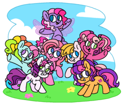 Size: 946x800 | Tagged: safe, artist:sandwichbuns, cheerilee (g3), pinkie pie (g3), rainbow dash (g3), scootaloo (g3), starsong, sweetie belle (g3), toola-roola, pony, g3, g3.5, g4, core seven, g3 to g4, g3.5 to g4, generation leap