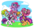 Size: 946x800 | Tagged: safe, artist:sandwichbuns, cheerilee (g3), pinkie pie (g3), rainbow dash (g3), scootaloo (g3), starsong, sweetie belle (g3), toola-roola, pony, g3, g3.5, g4, core seven, g3 to g4, g3.5 to g4, generation leap